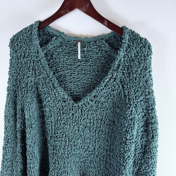 Free People Dune Bell Sleeved Green Oversized Cropped Knit V Neck Sweater S - Picture 14 of 15
